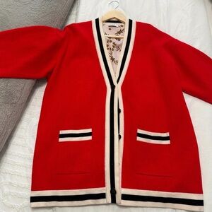 Sandro Red Cardigan with Black and White Trim